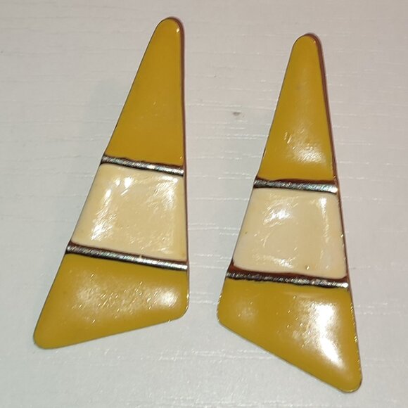 Yellow Cloisonne Earrings Retro Style Vintage Triangular Golden - Picture 1 of 3